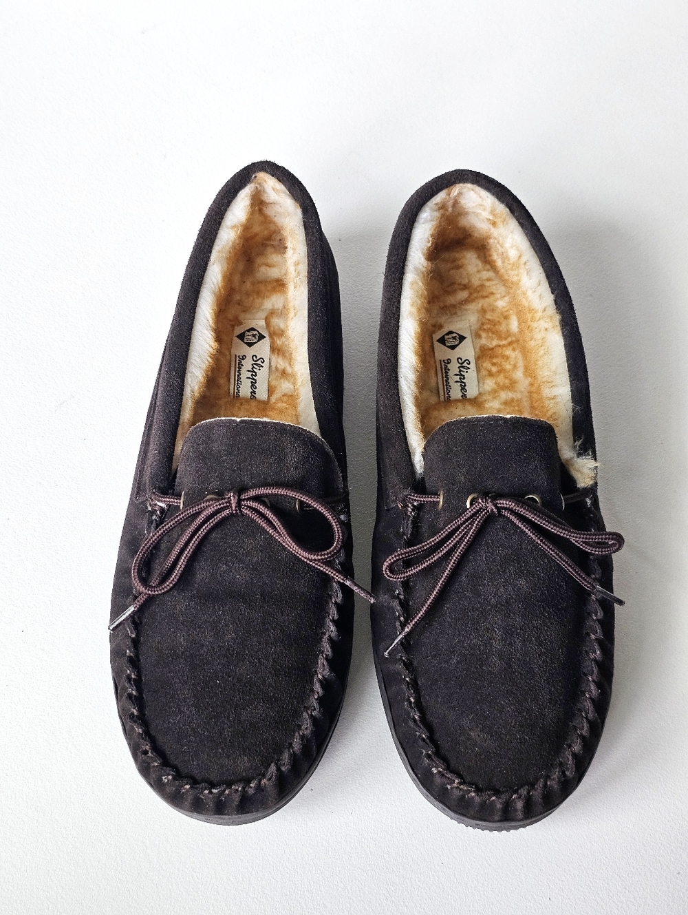 Slippers International Nathan Brown Suede Moccasin Slippers Mens 12 Sherpa Lined